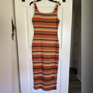 Women's Scoop Neck Knit Sleeveless Sundress Orange Brown Chevron, Size L